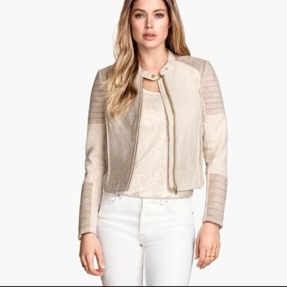 H&M Lightweight Cropped Biker Jacket in Cream